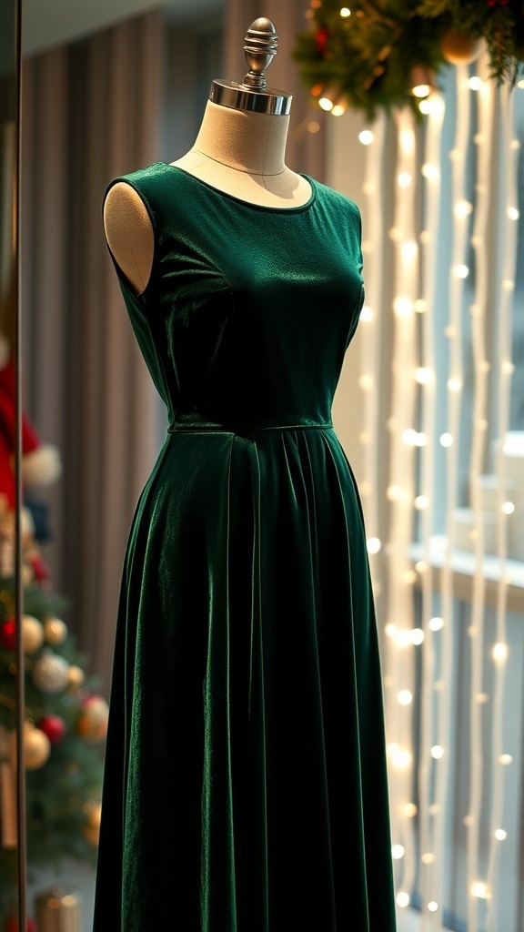 Elegant Green Velvet Christmas Dress Elegant green velvet Christmas dress on a mannequin with fairy lights in the background.